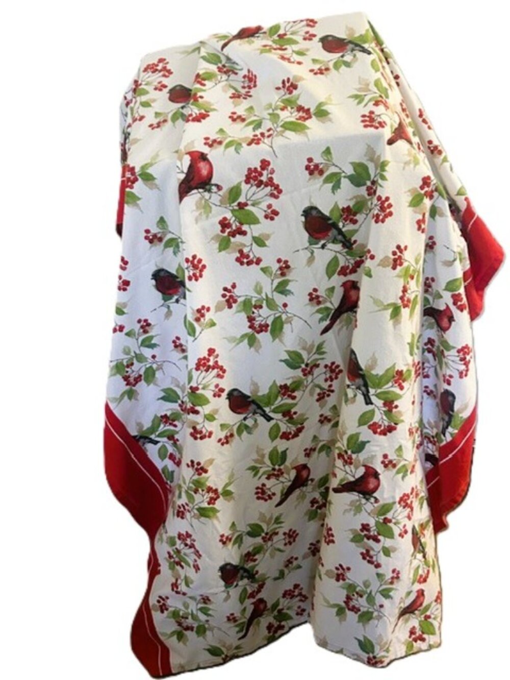 Tablecloth Festive Holly and Birds Red Border sz 70 x 51 in Read